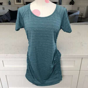 Eddie Bauer Sunwashed Stripe SS Scoop Neck Long Top w Side Ruching Green Sz M